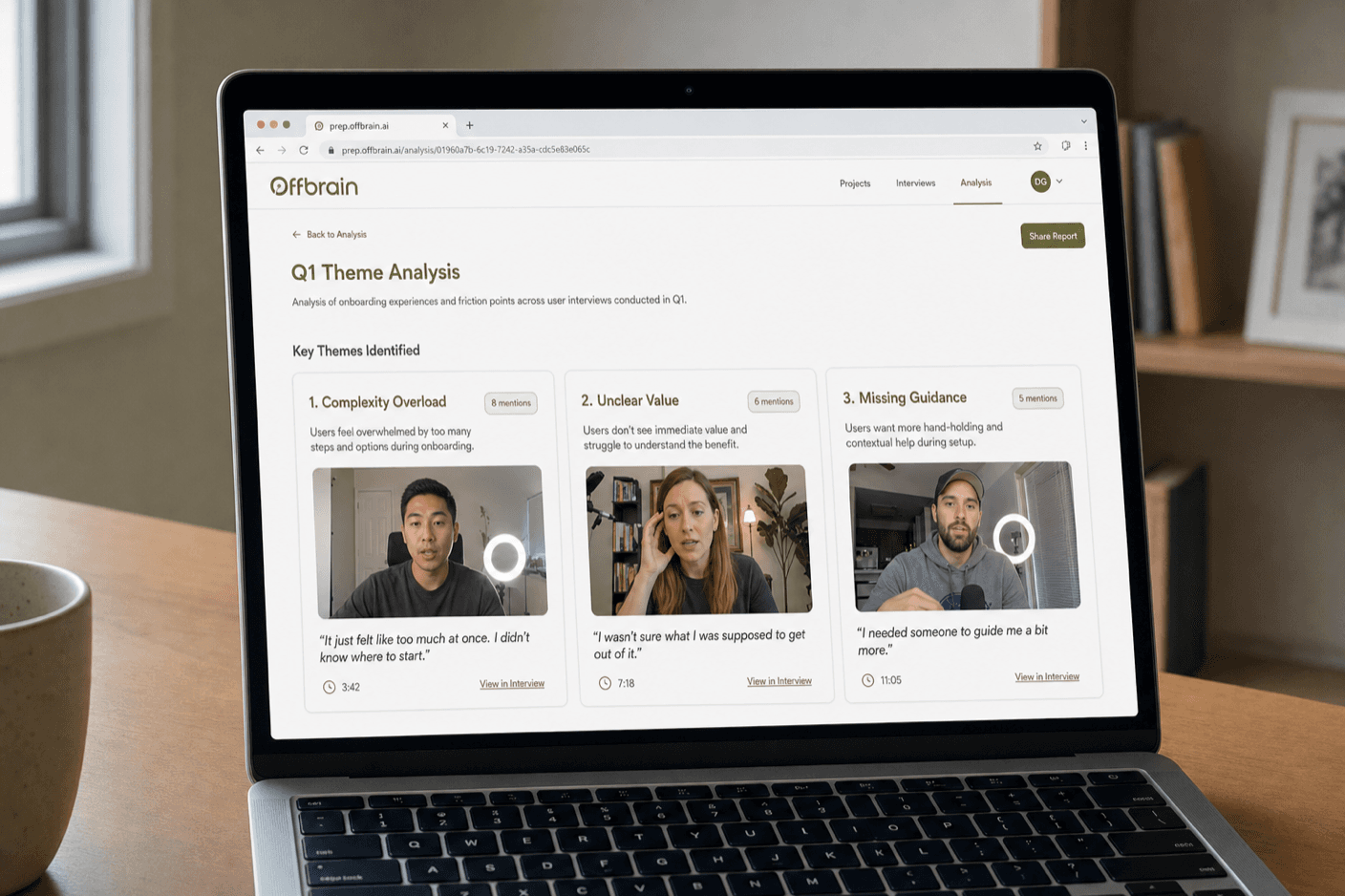 Offbrain evidence readout: interview themes with quotes, clips, and source tags