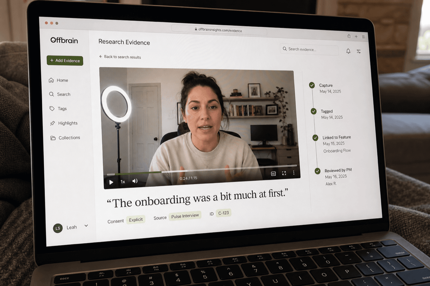 Evidence detail: a participant quote, video clip, consent and source tags, and a capture-to-review trail