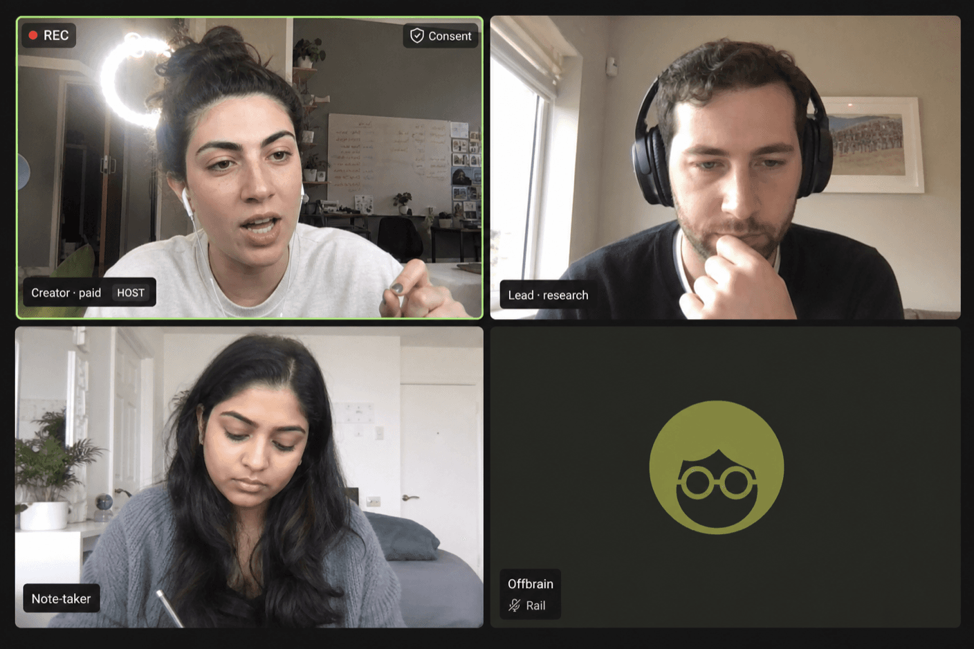 Pulse interview room: creator, lead researcher, note-taker, and Offbrain rail in a four-tile video call